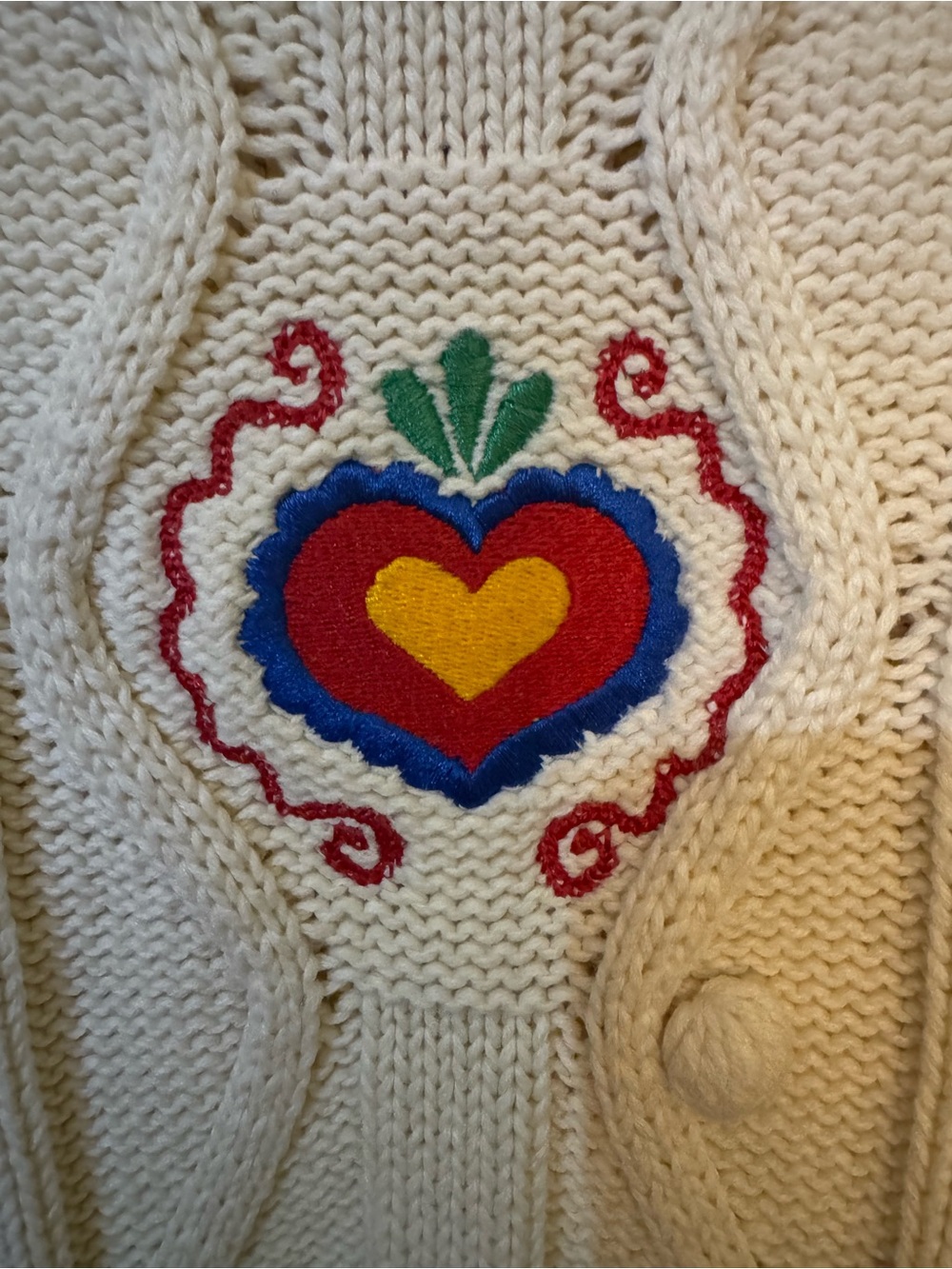 Hanna Andersson Cream Cable-Knit Sweater with Colorful Heart Motif
